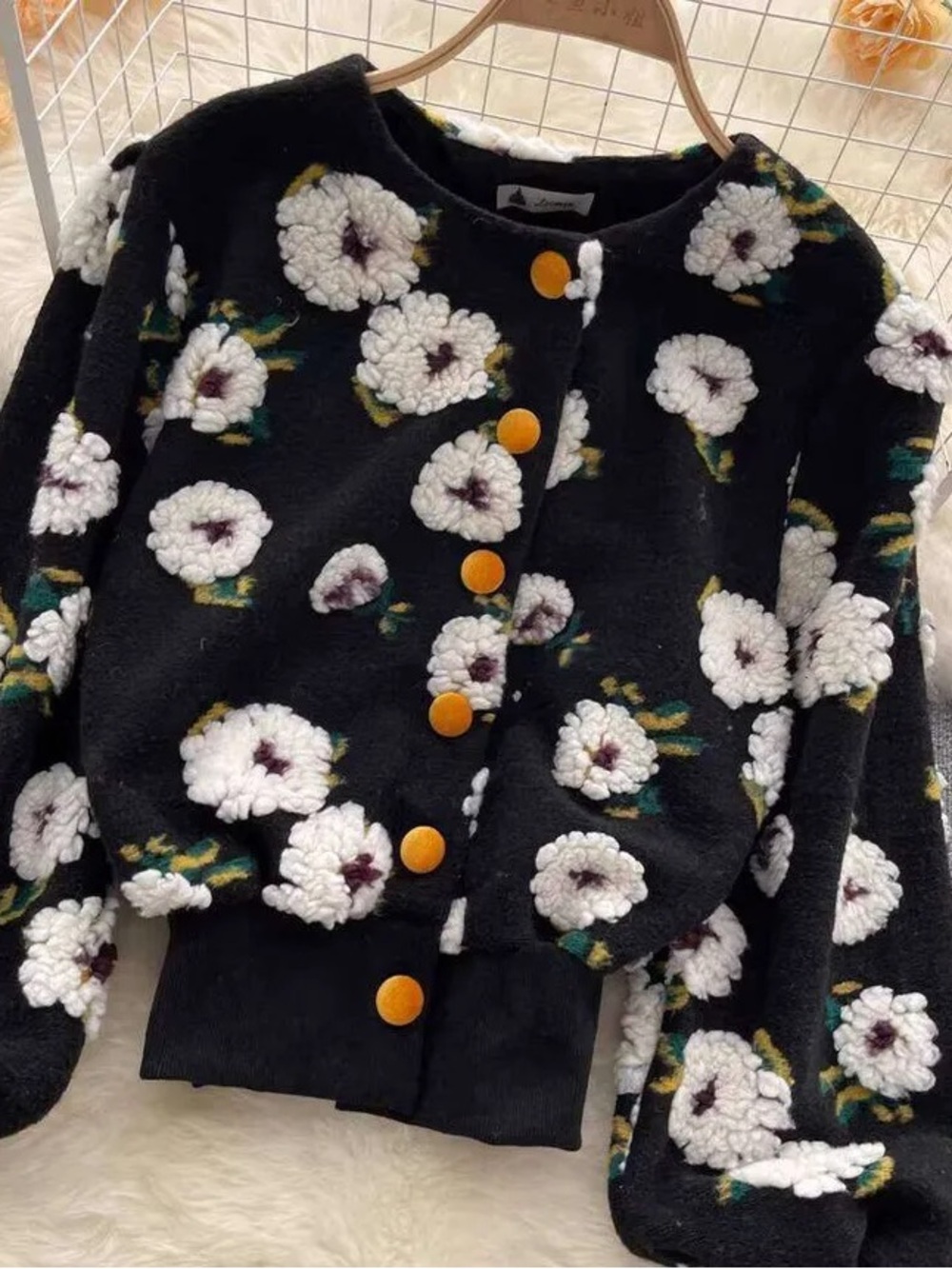 NWT Black Crochet FunFlower Knit Cardigan W Yellow Buttons Textured Women’s SZ M